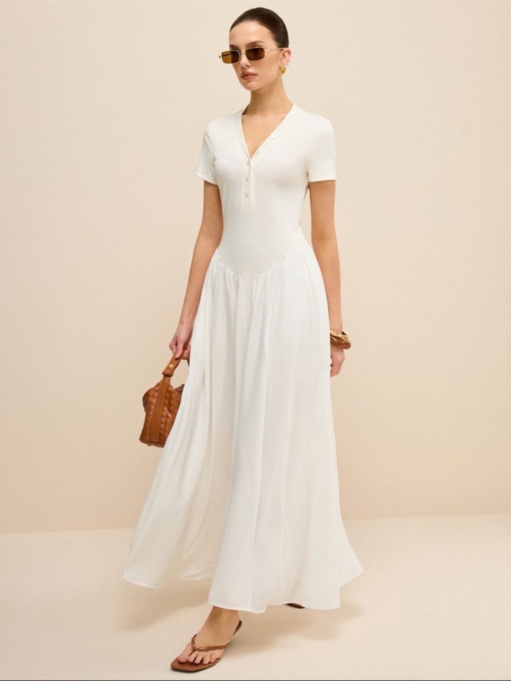 Commense White Button-Placket V-neck Maxi Dress